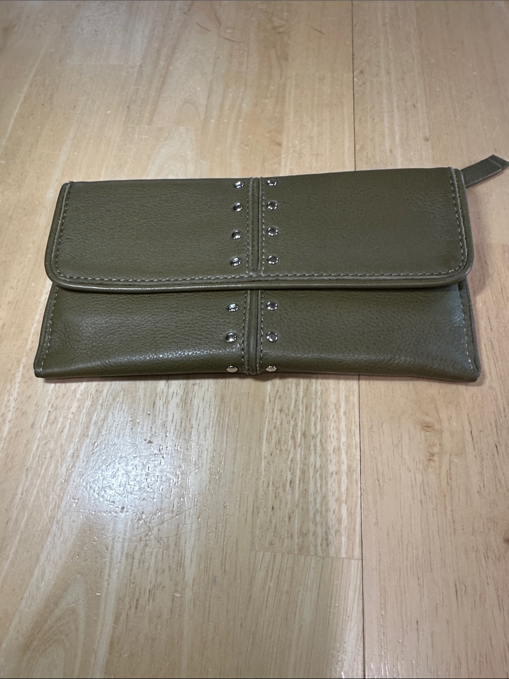 Olive Green Studded Fold-Over Leather Clutch